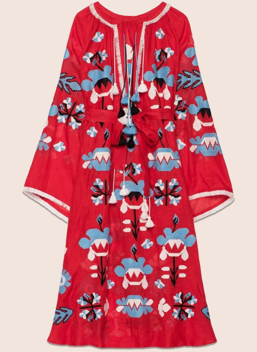 Red Boho style kaftan with embroidery