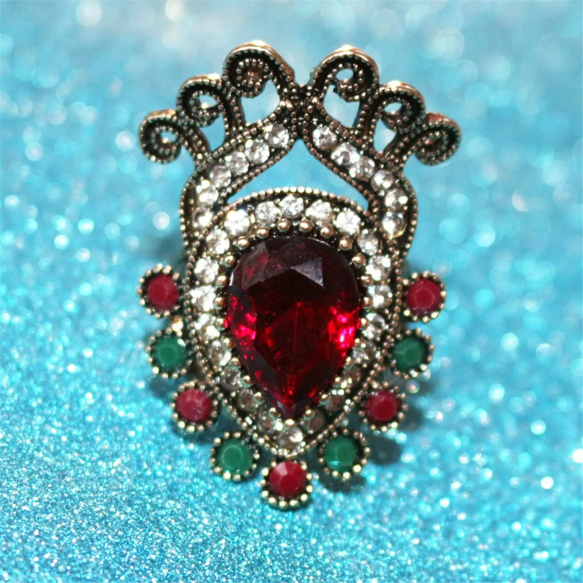 Red Crystal & Cubic Zirconia Crown Ring