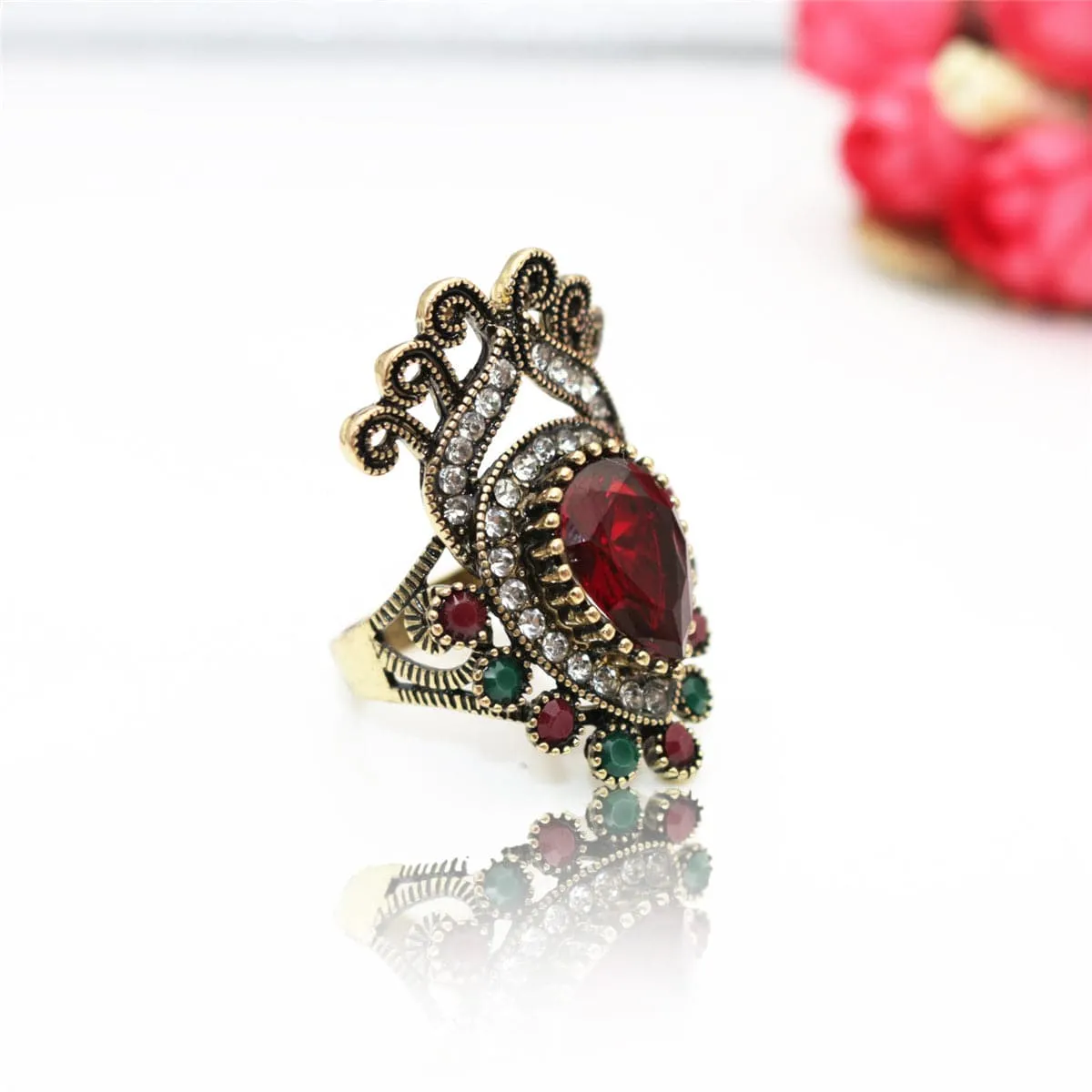 Red Crystal & Cubic Zirconia Crown Ring