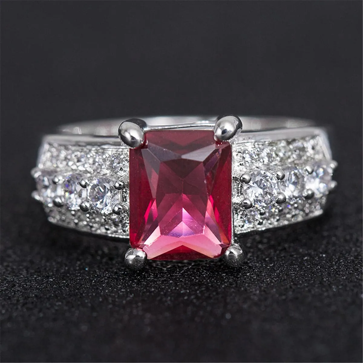 Red Crystal & Cubic Zirconia Princess Cut Pavé Ring