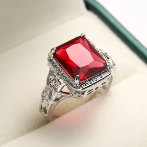 Red Crystal & Silver-Plated Openwork Floral Princess-Cut Ring
