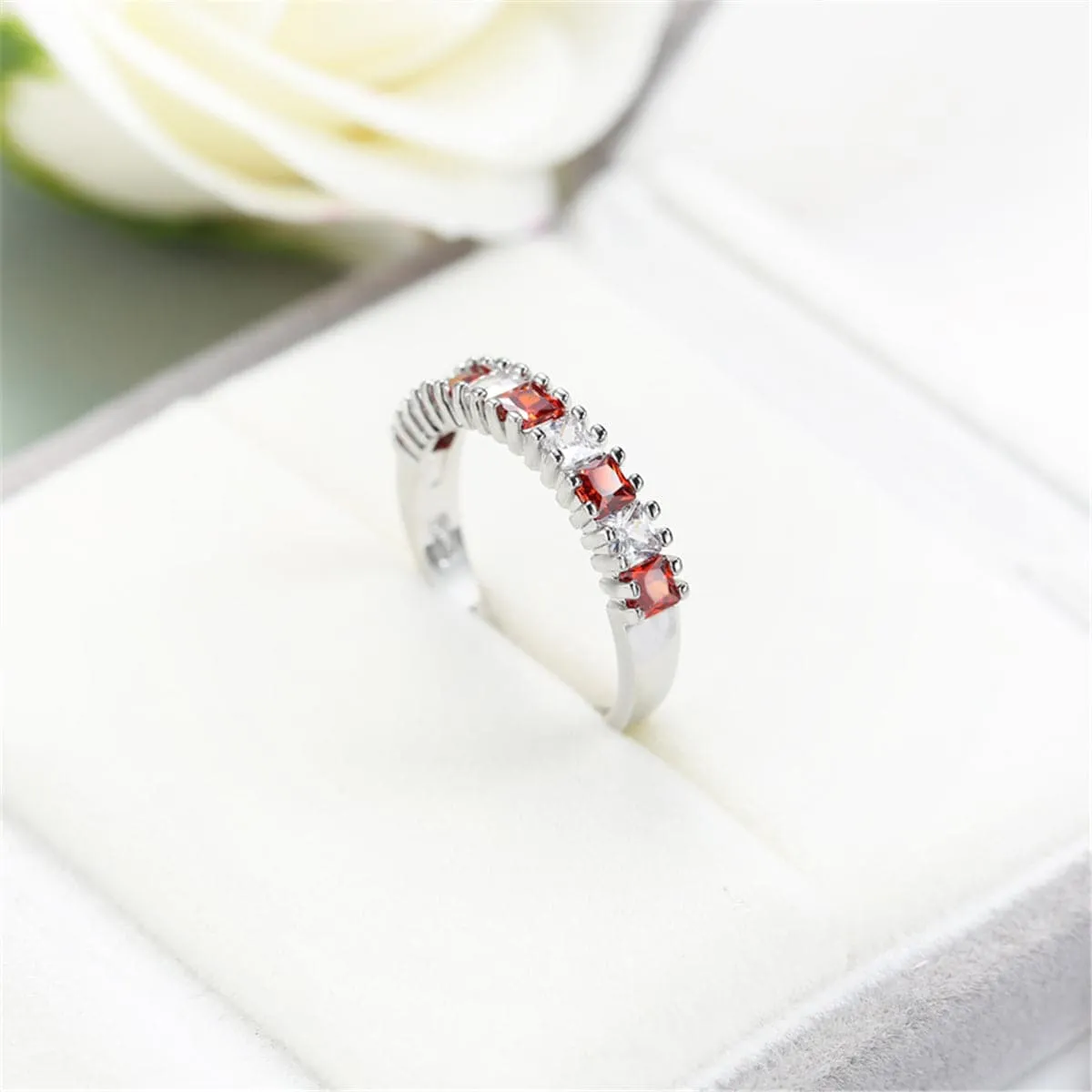 Red Crystal Princess-Cut Line Ring