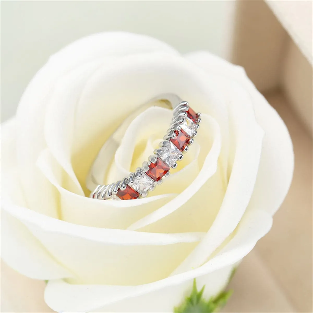 Red Crystal Princess-Cut Line Ring