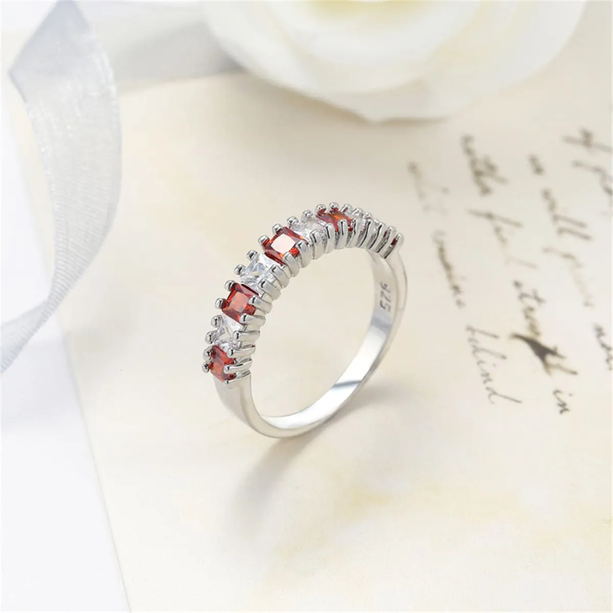 Red Crystal Princess-Cut Line Ring