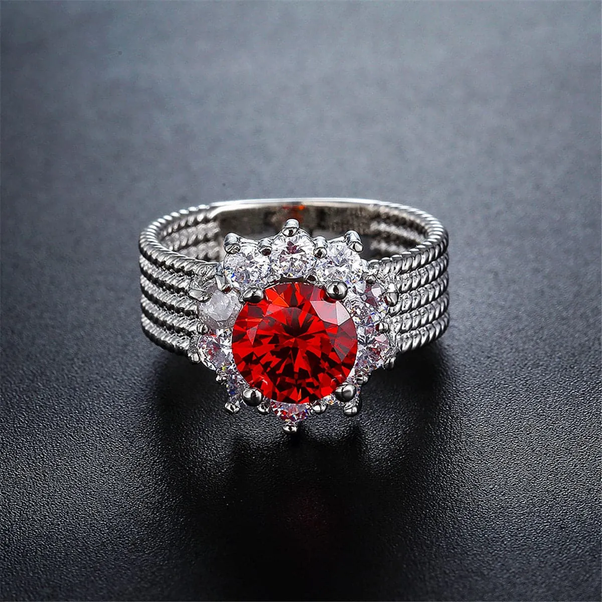 Red Cubic Zirconia & Crystal Floral Halo Ring