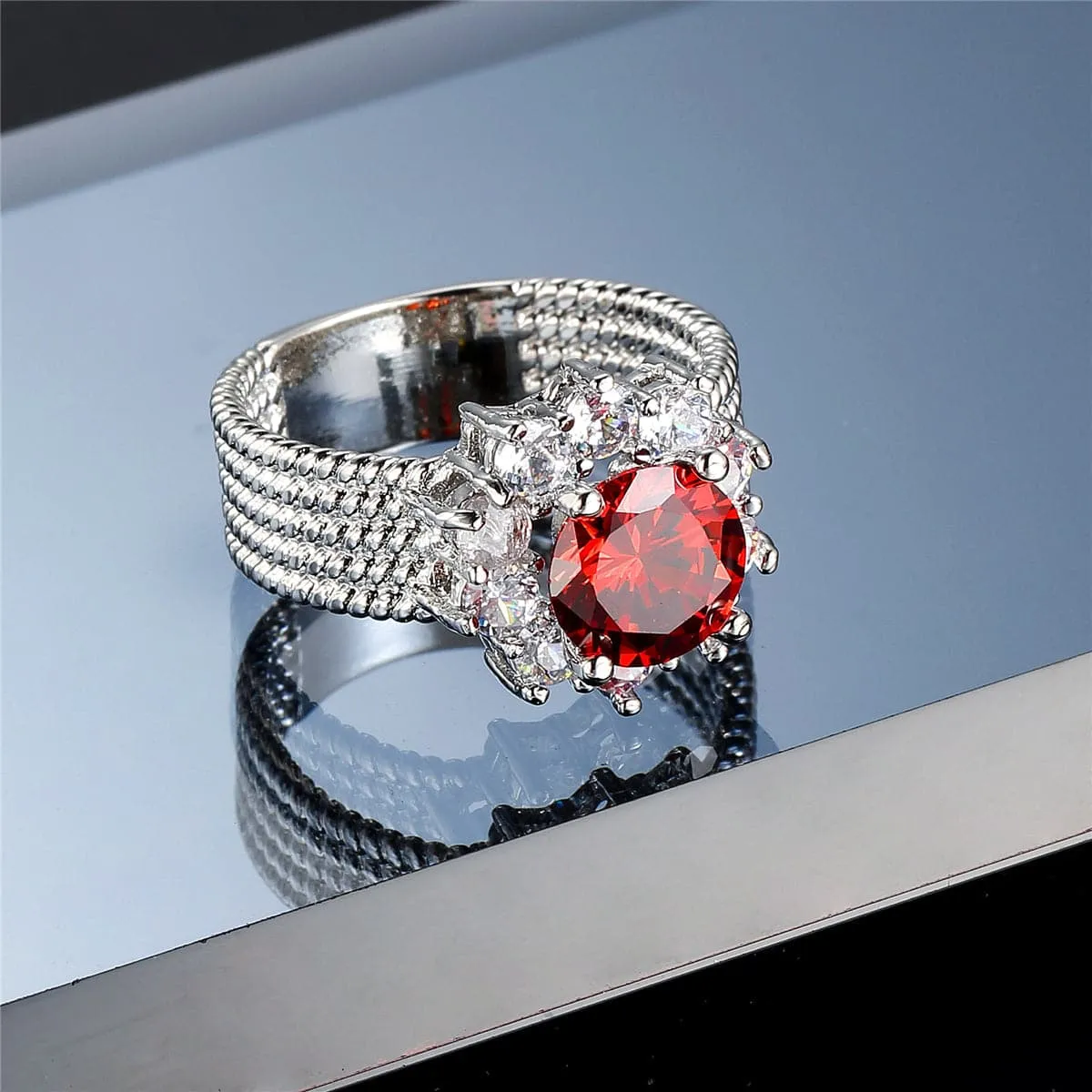 Red Cubic Zirconia & Crystal Floral Halo Ring