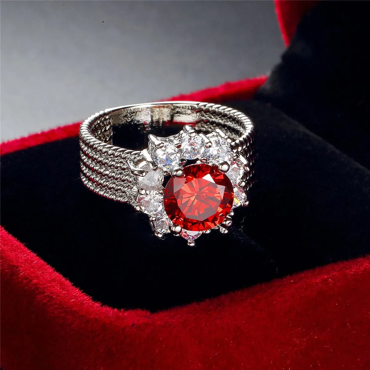 Red Cubic Zirconia & Crystal Floral Halo Ring