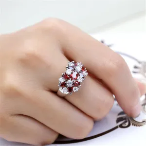 Red Cubic Zirconia & Crystal Floral Ring