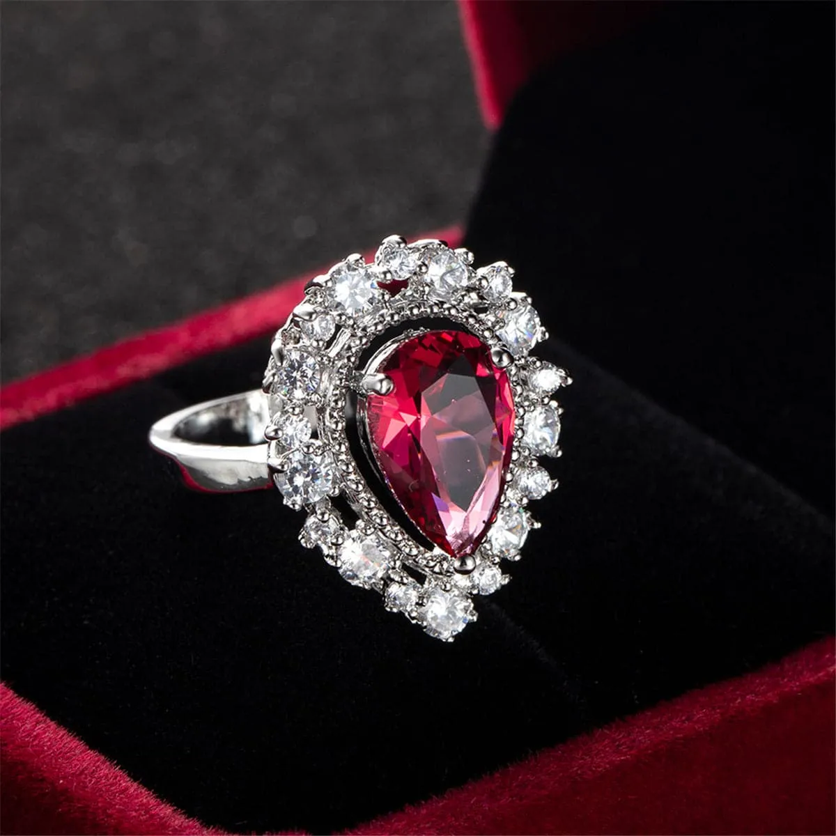 Red Cubic Zirconia & Silver-Plated Pear Halo Ring