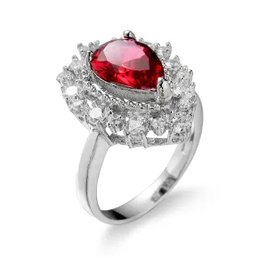 Red Cubic Zirconia & Silver-Plated Pear Halo Ring