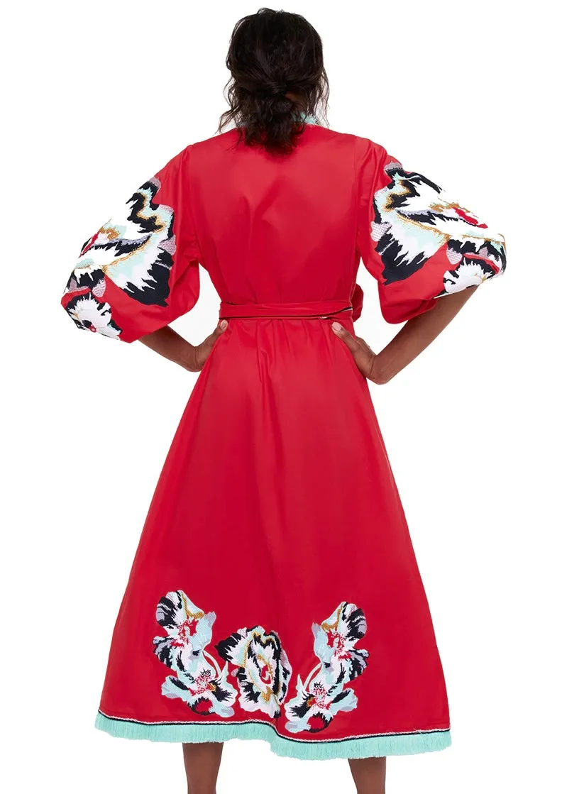 Red embroidered dress