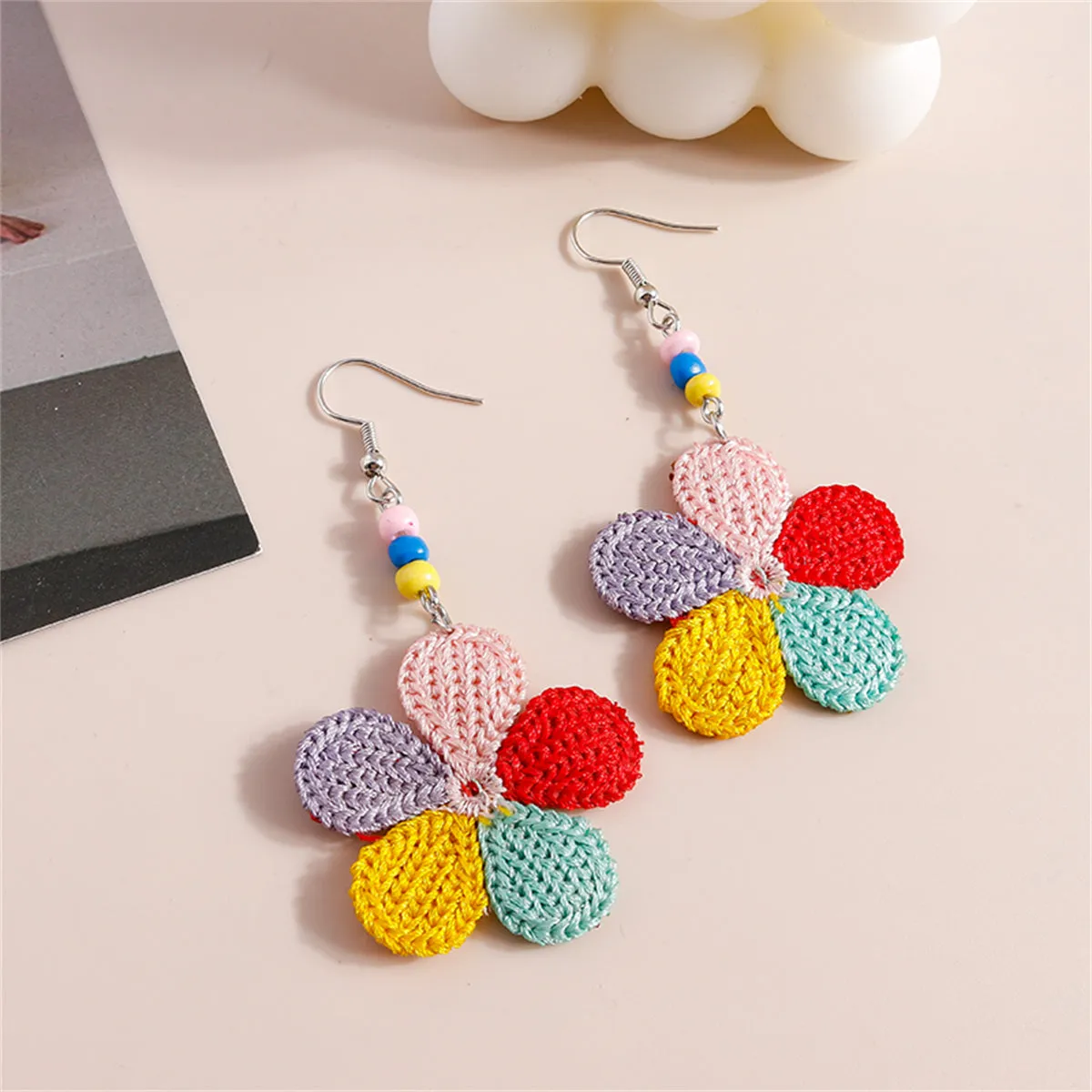 Red Polyester & Howlite Flower Drop Earrings