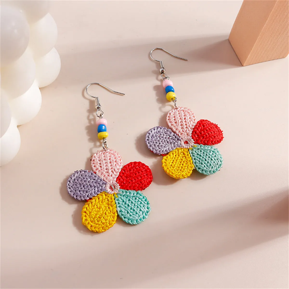 Red Polyester & Howlite Flower Drop Earrings