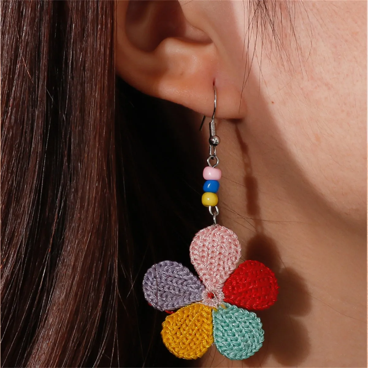 Red Polyester & Howlite Flower Drop Earrings