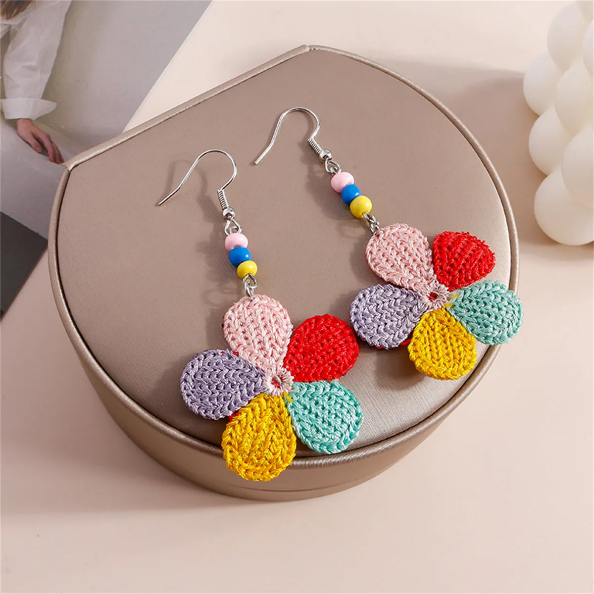 Red Polyester & Howlite Flower Drop Earrings