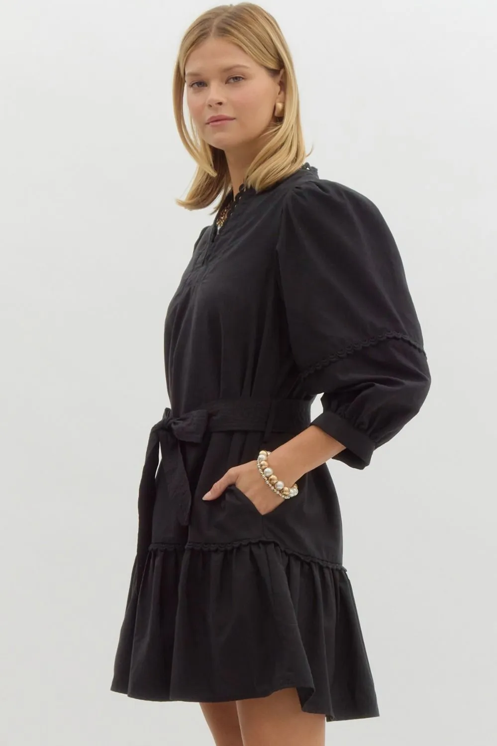Scallop Trim Mini Dress {Black}
