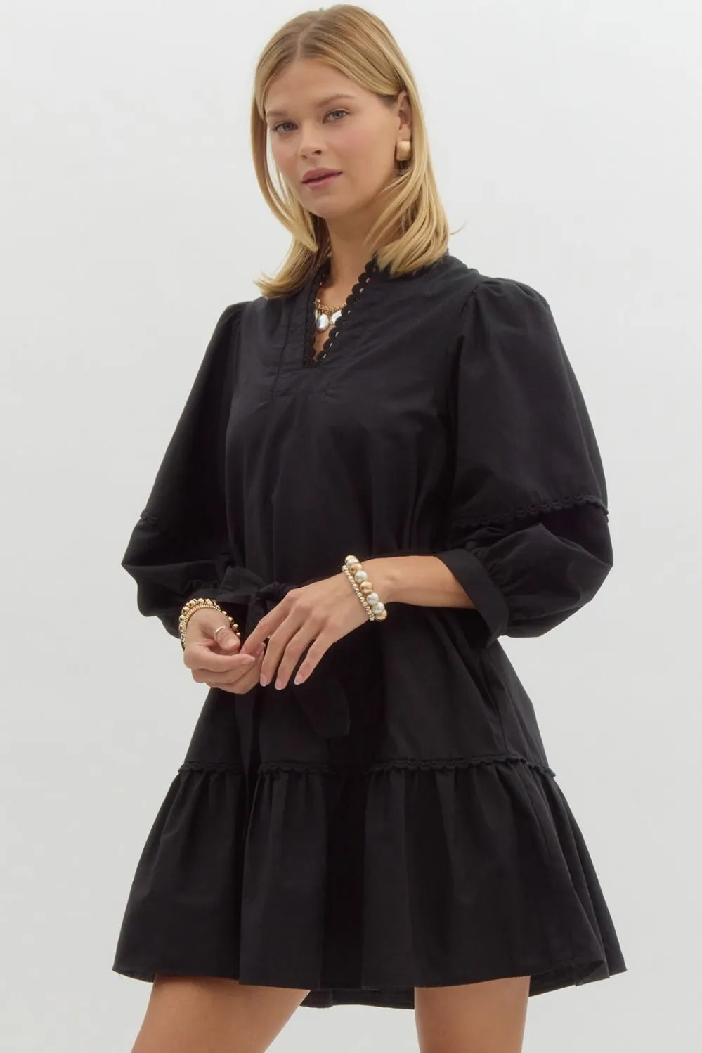 Scallop Trim Mini Dress {Black}