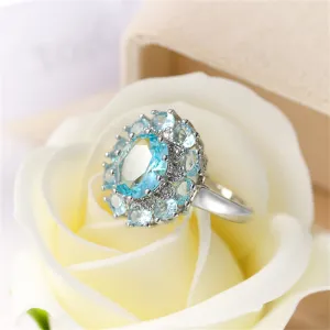 Sea Blue Crystal & Silver-Plated Halo Ring