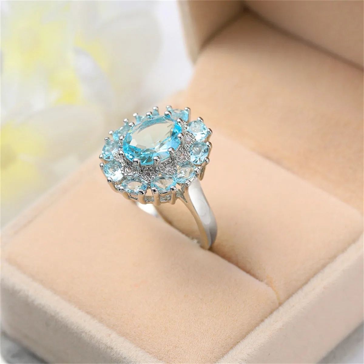 Sea Blue Crystal & Silver-Plated Halo Ring