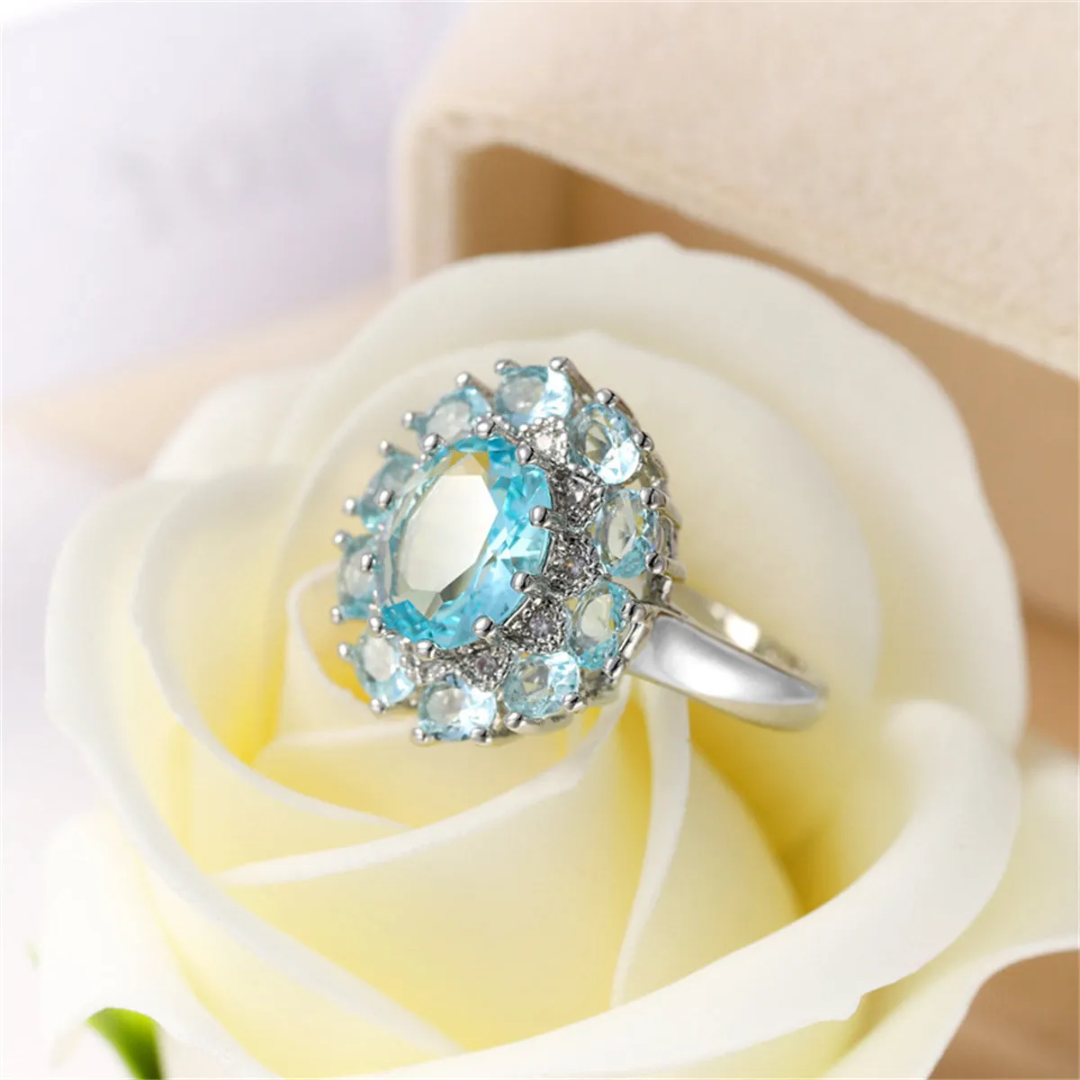Sea Blue Crystal & Silver-Plated Halo Ring
