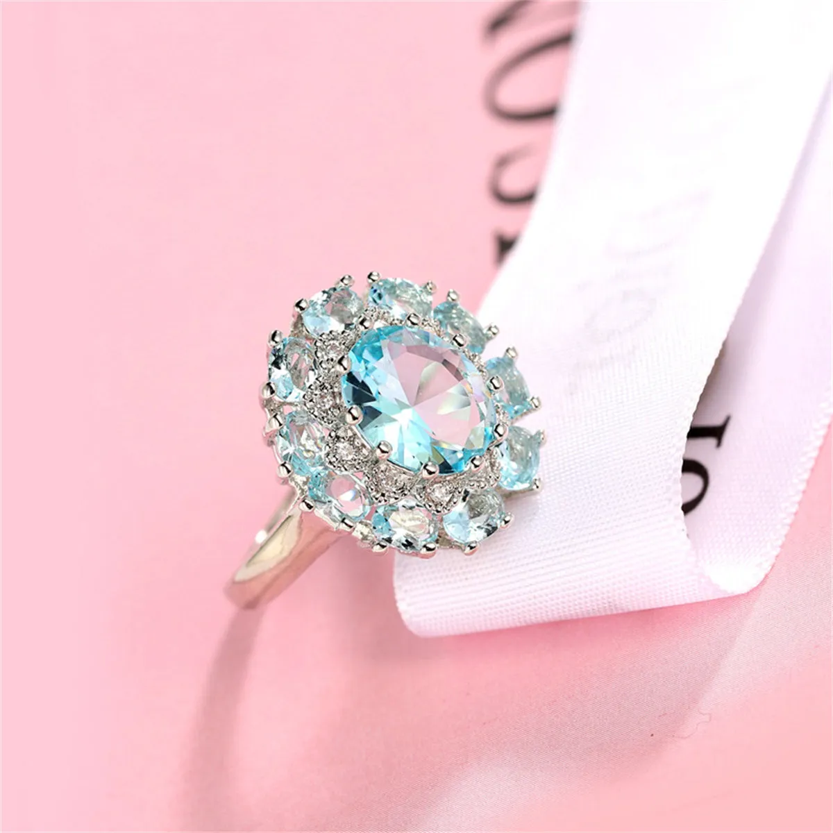 Sea Blue Crystal & Silver-Plated Halo Ring