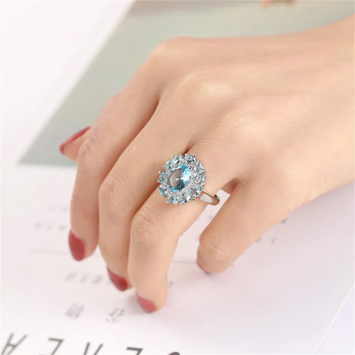 Sea Blue Crystal & Silver-Plated Halo Ring