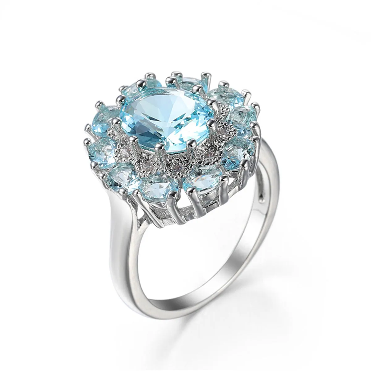 Sea Blue Crystal & Silver-Plated Halo Ring