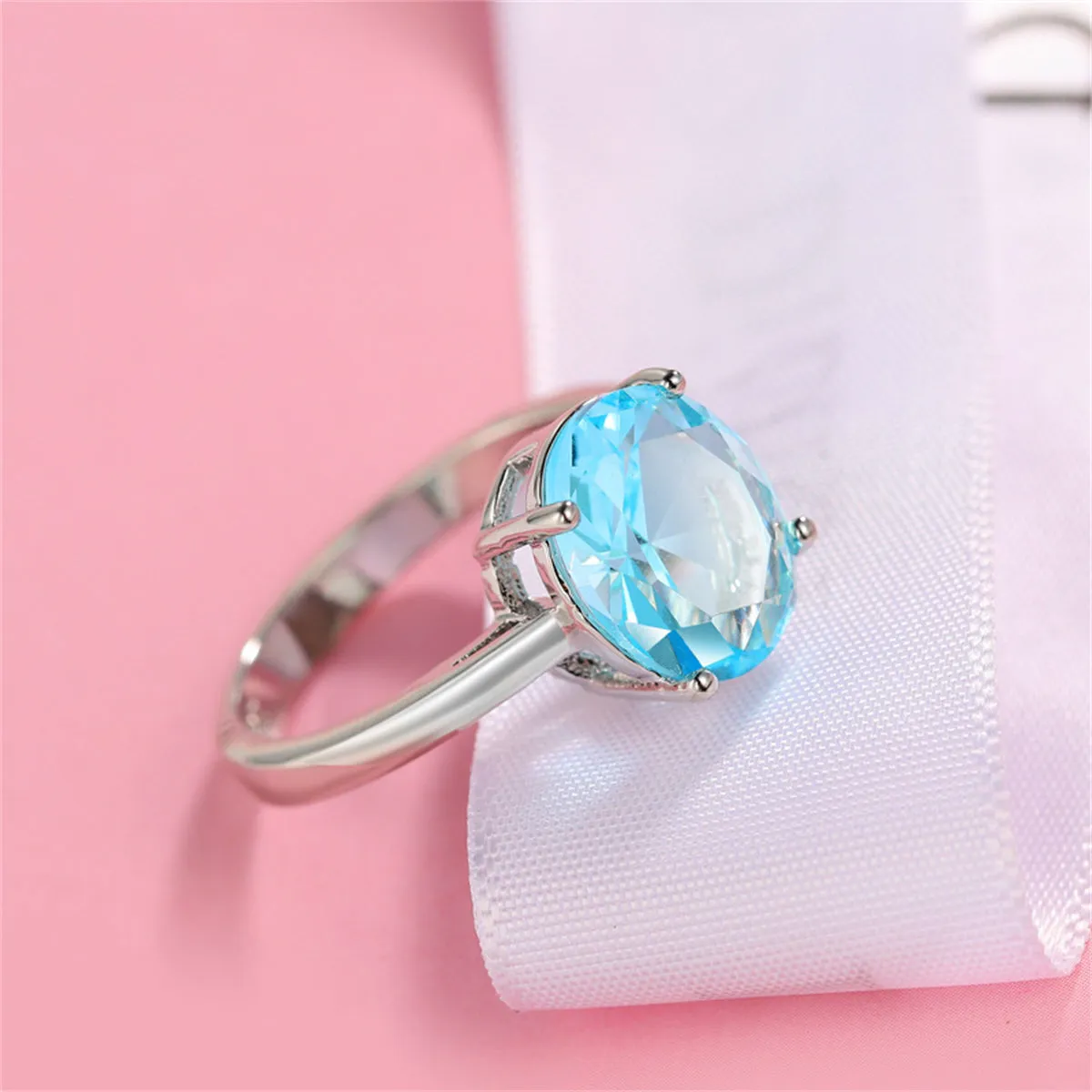 Sea Blue Crystal & Silver-Plated Oval-Cut Solitaire Ring