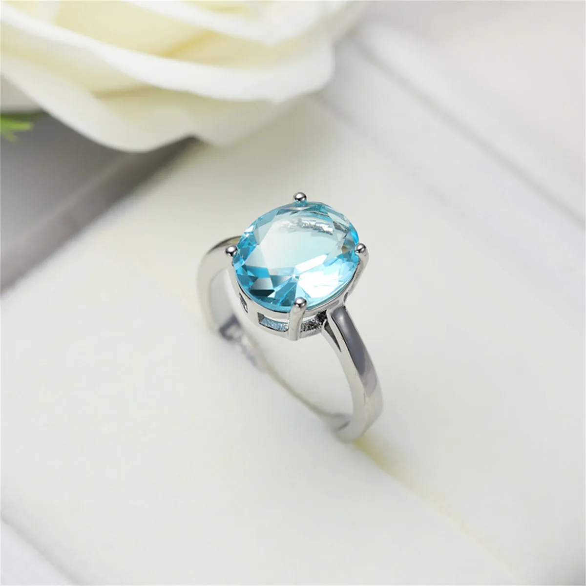 Sea Blue Crystal & Silver-Plated Oval-Cut Solitaire Ring