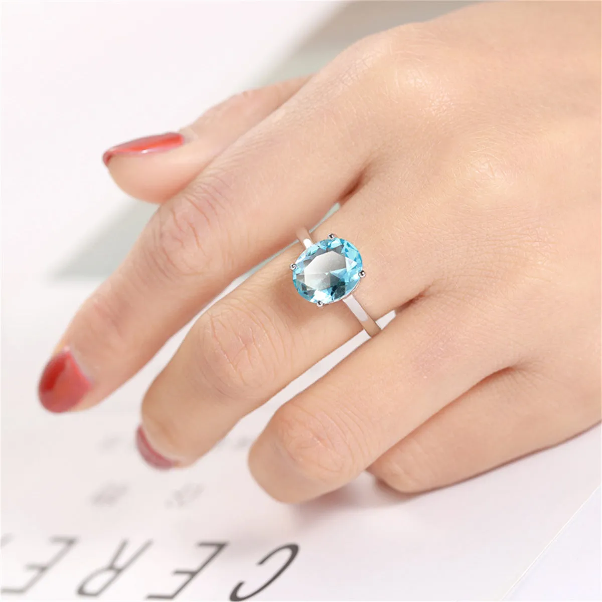 Sea Blue Crystal & Silver-Plated Oval-Cut Solitaire Ring