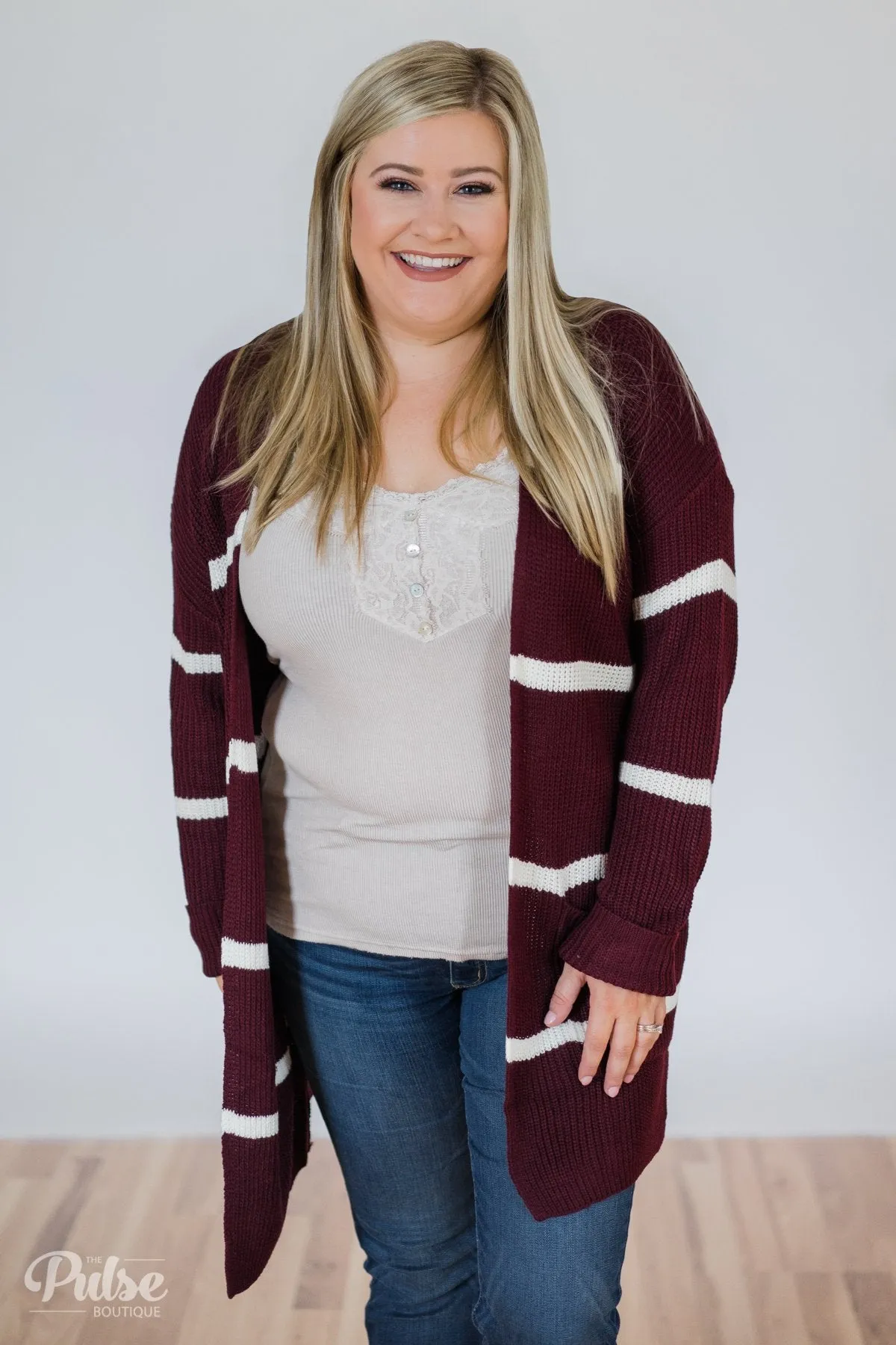 Seasons Go By Striped Knit Cardigan- Burgundy