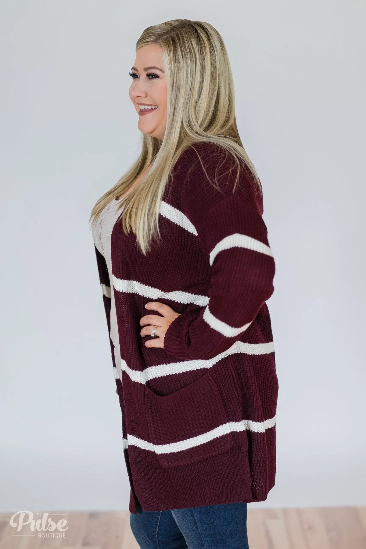 Seasons Go By Striped Knit Cardigan- Burgundy