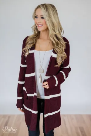Seasons Go By Striped Knit Cardigan- Burgundy