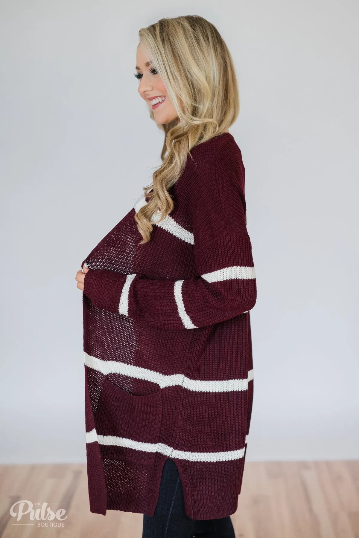 Seasons Go By Striped Knit Cardigan- Burgundy