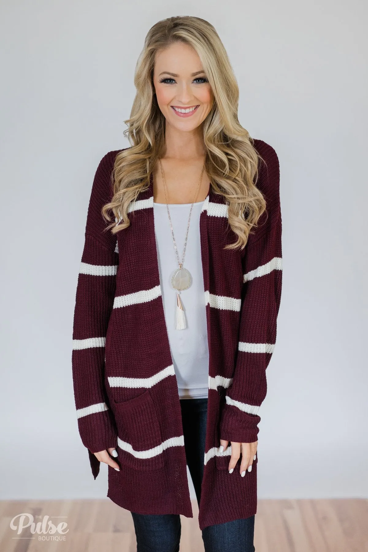 Seasons Go By Striped Knit Cardigan- Burgundy