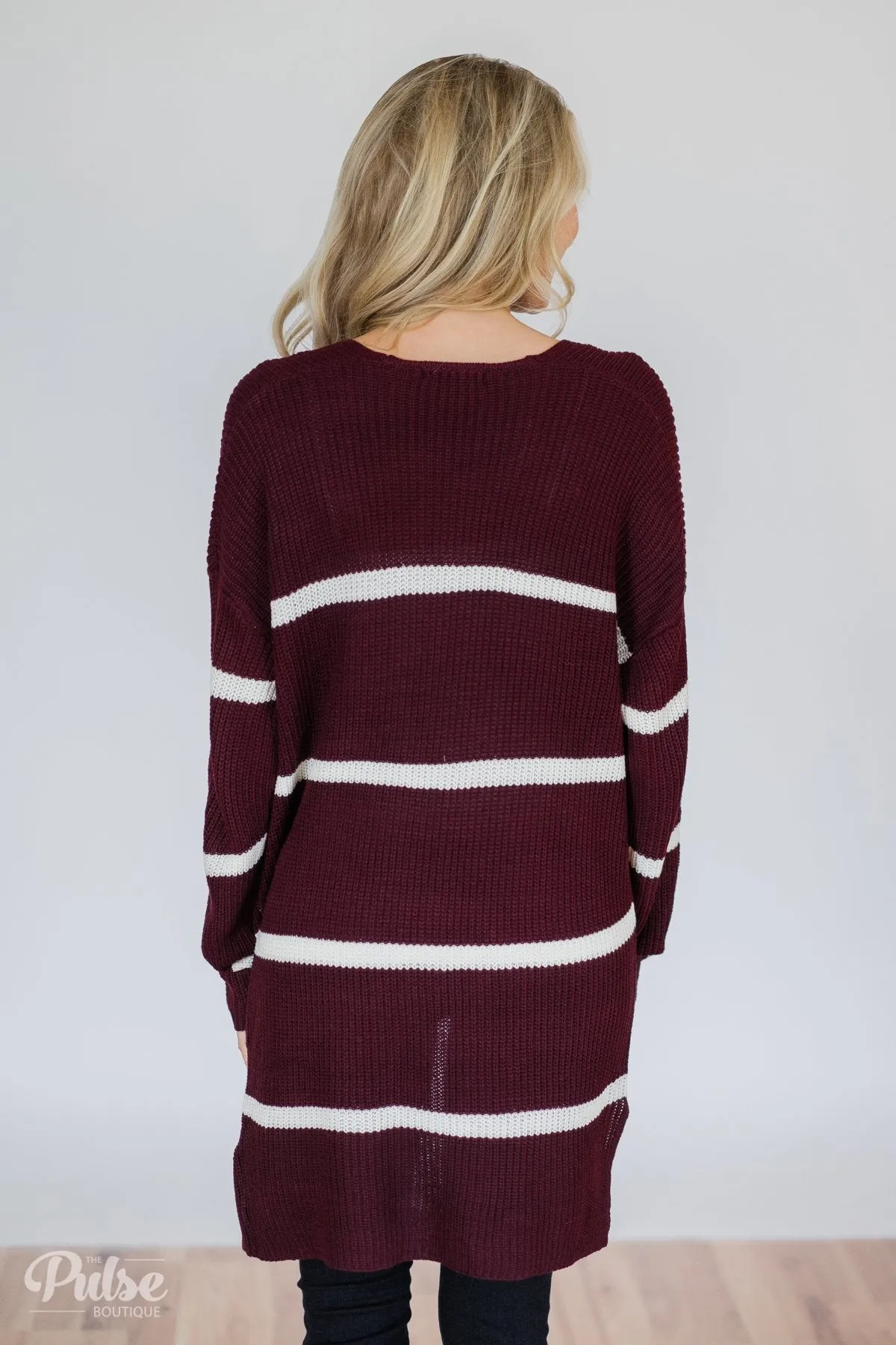 Seasons Go By Striped Knit Cardigan- Burgundy