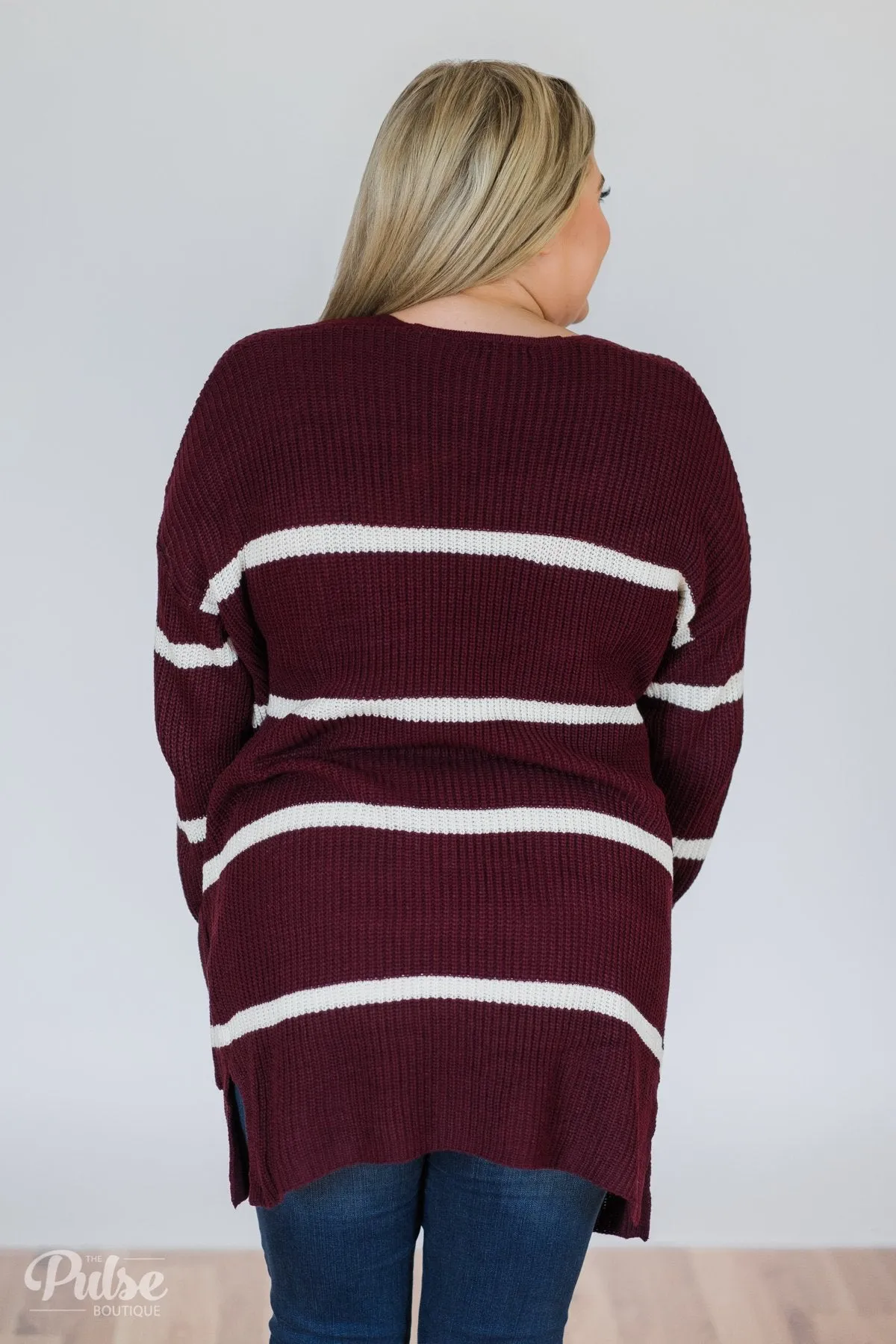 Seasons Go By Striped Knit Cardigan- Burgundy
