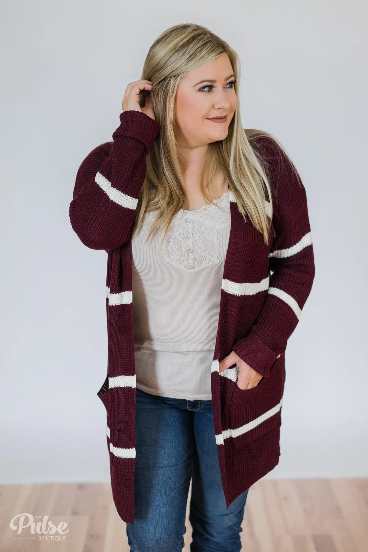 Seasons Go By Striped Knit Cardigan- Burgundy