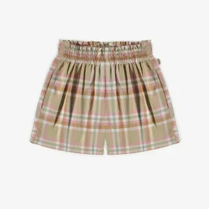 Short beige et rose à carreaux en sergé brossé, enfant || Beige and pink plaid short in brushed twill, child