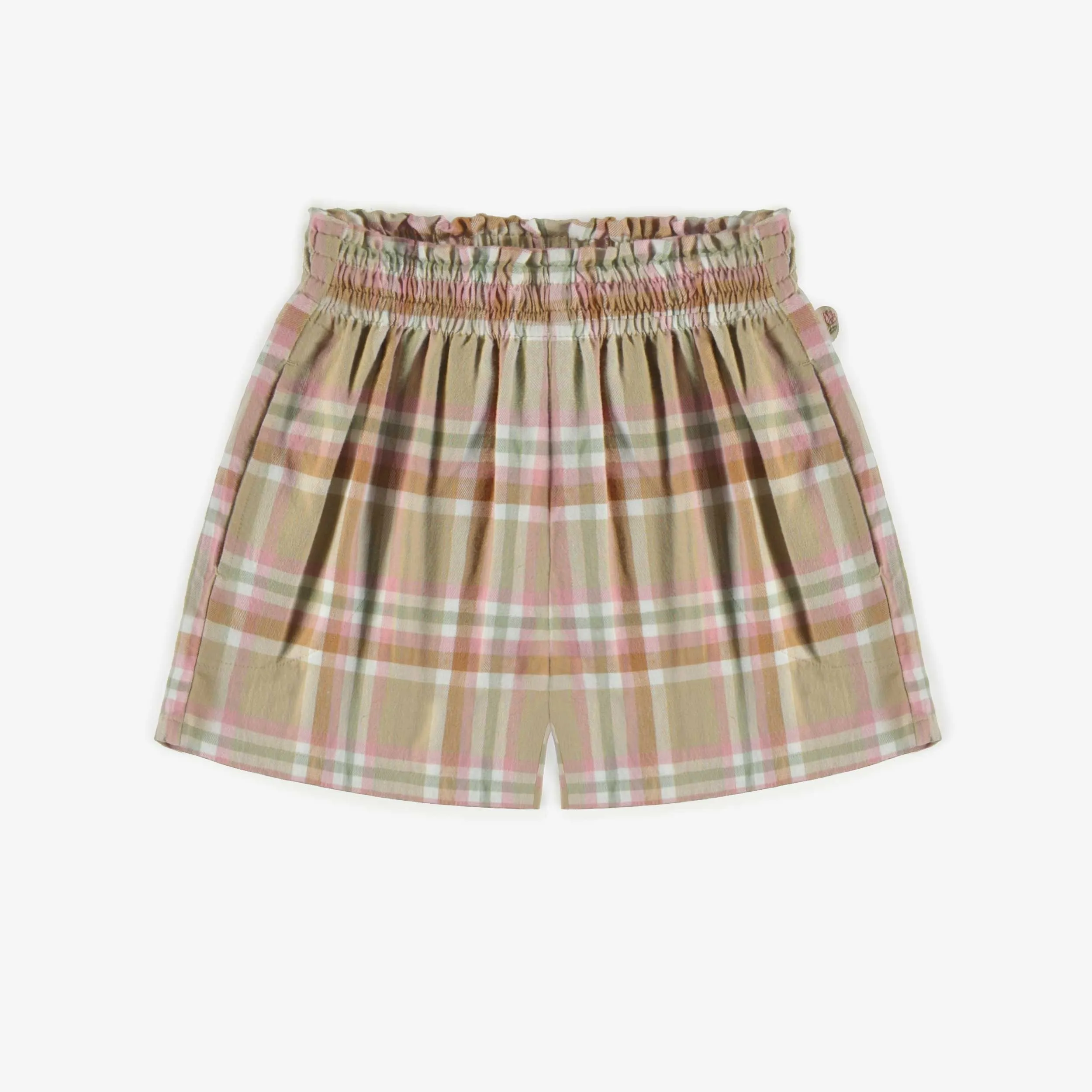 Short beige et rose à carreaux en sergé brossé, enfant || Beige and pink plaid short in brushed twill, child
