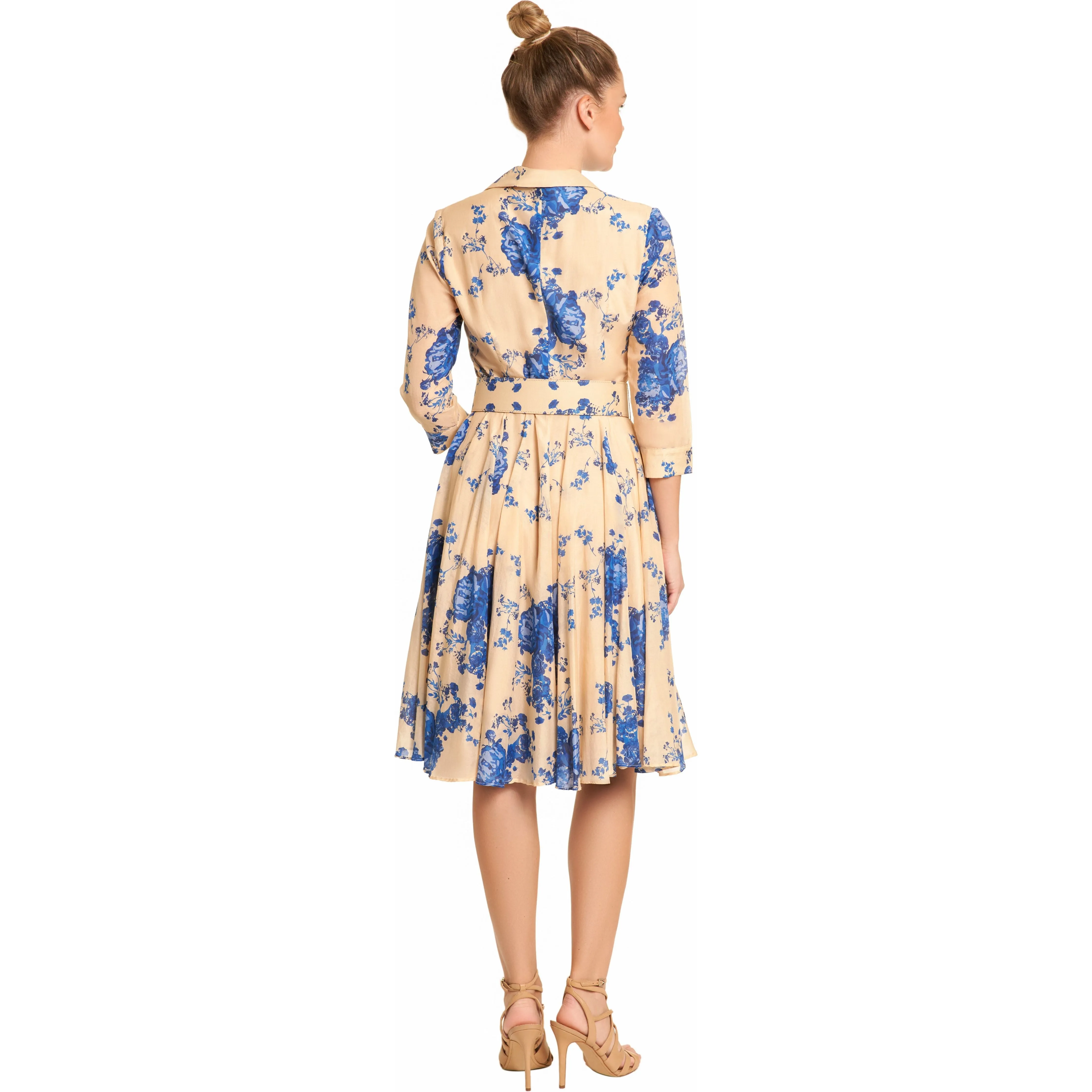 Silk and cotton Belted Blue Flowers Dress