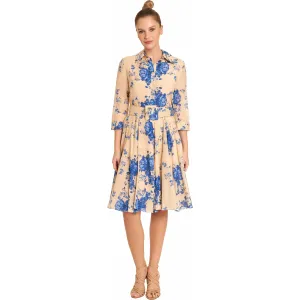 Silk and cotton Belted Blue Flowers Dress