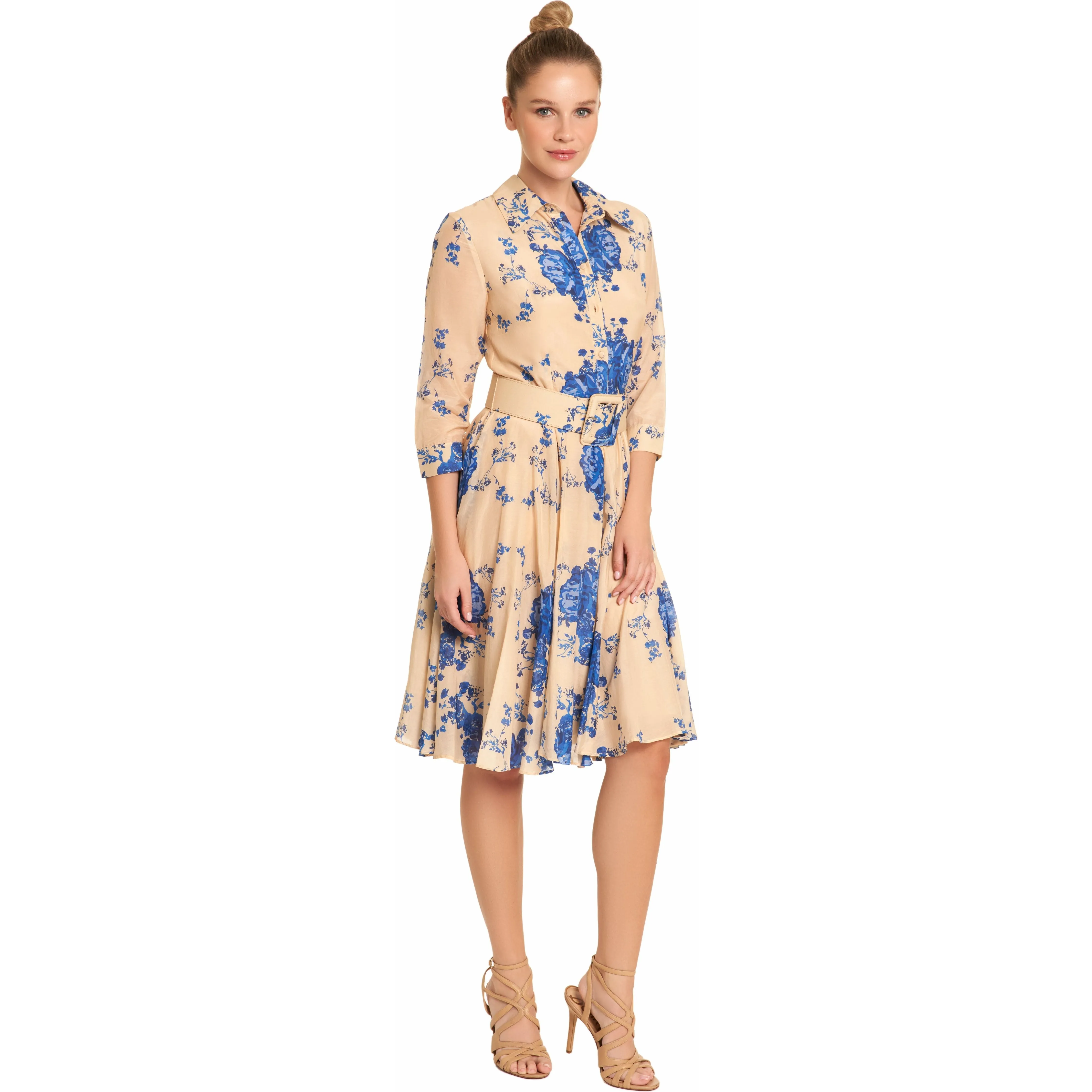 Silk and cotton Belted Blue Flowers Dress