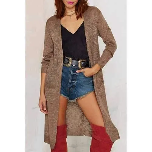 Simple Collarless Long Sleeve Pocket Design Solid Color Women's Cardigan - Camel S