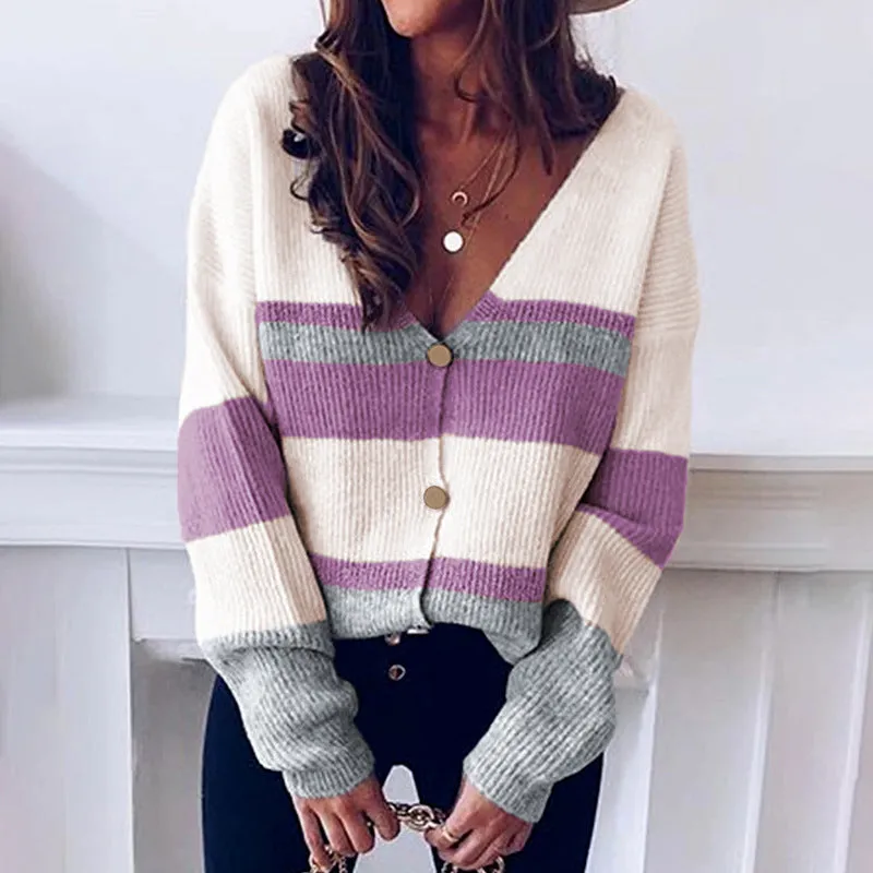 Single-breasted V-neck Striped Sweater Knitted Cardigans