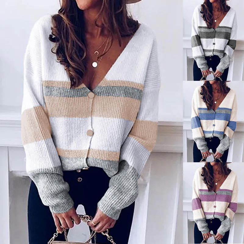 Single-breasted V-neck Striped Sweater Knitted Cardigans