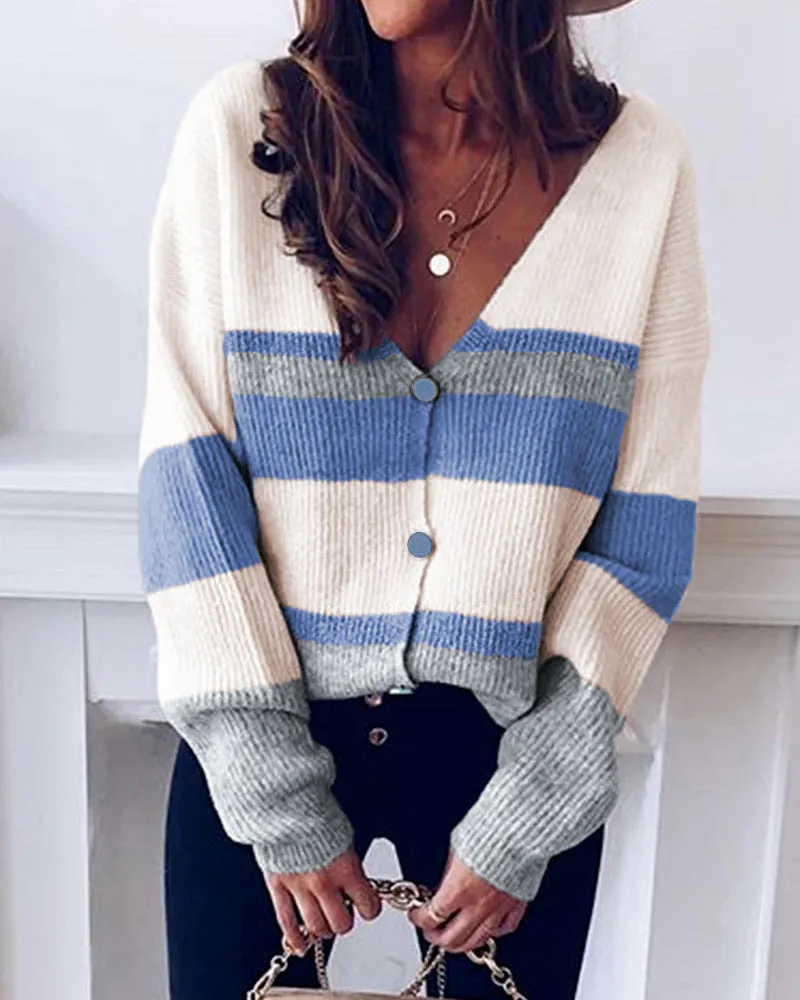 Single-breasted V-neck Striped Sweater Knitted Cardigans