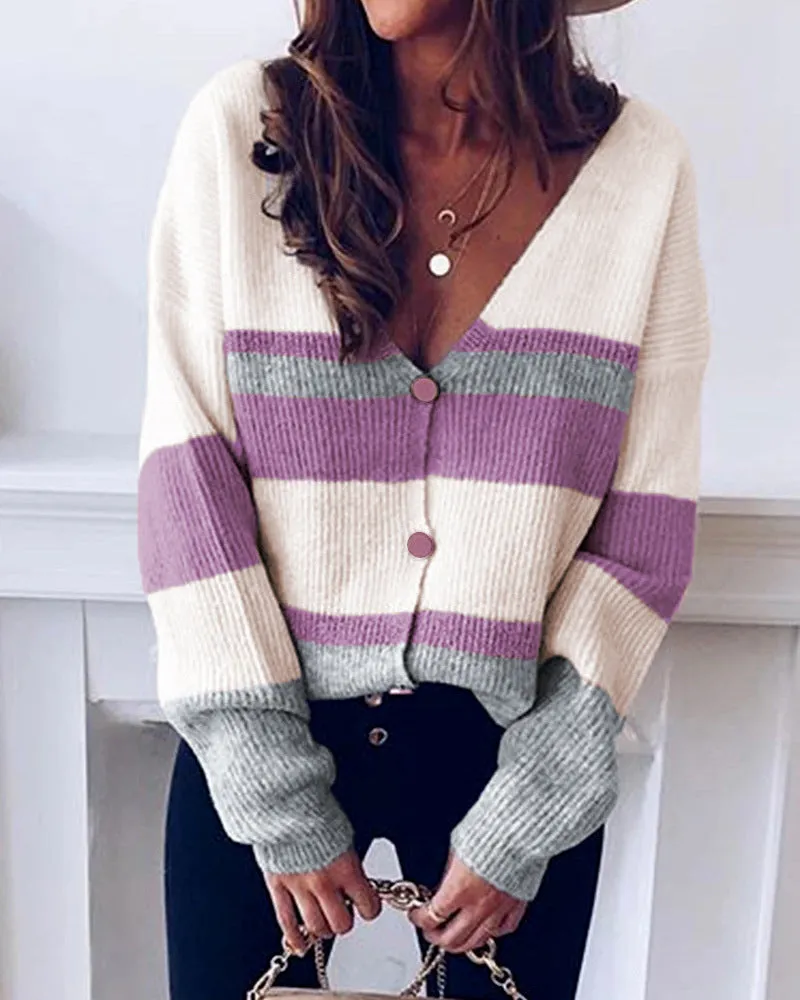 Single-breasted V-neck Striped Sweater Knitted Cardigans