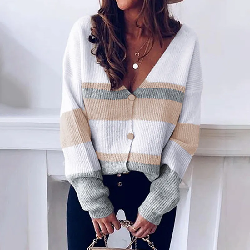 Single-breasted V-neck Striped Sweater Knitted Cardigans