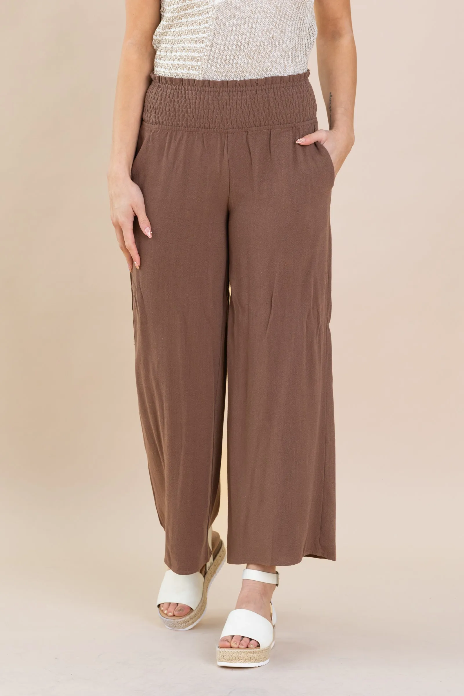 Smocked Waist High Waist Pants With Pockets